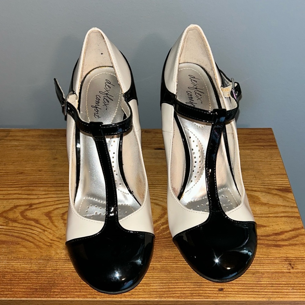 Black and white T-strap heels